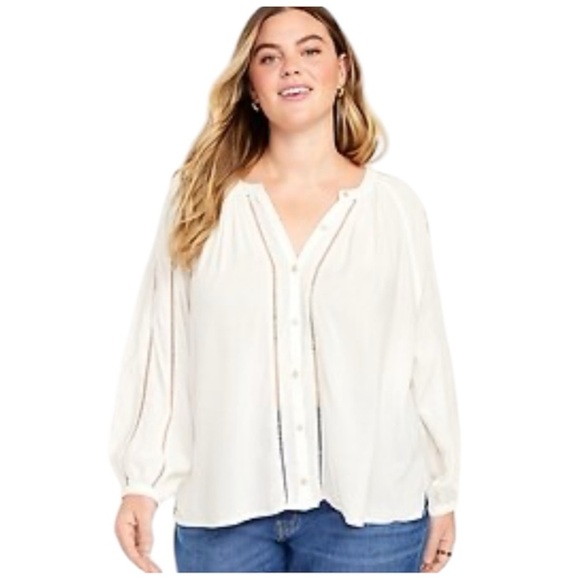 Old Navy Button Down Boho Blouse Ladder Lace Oversized Poet Sleeve White Size L - Picture 1 of 9